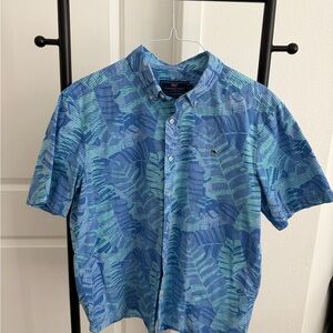 Vineyard Vines Blue and Teal Tropical Short-Sleeve Button-Down Shirt